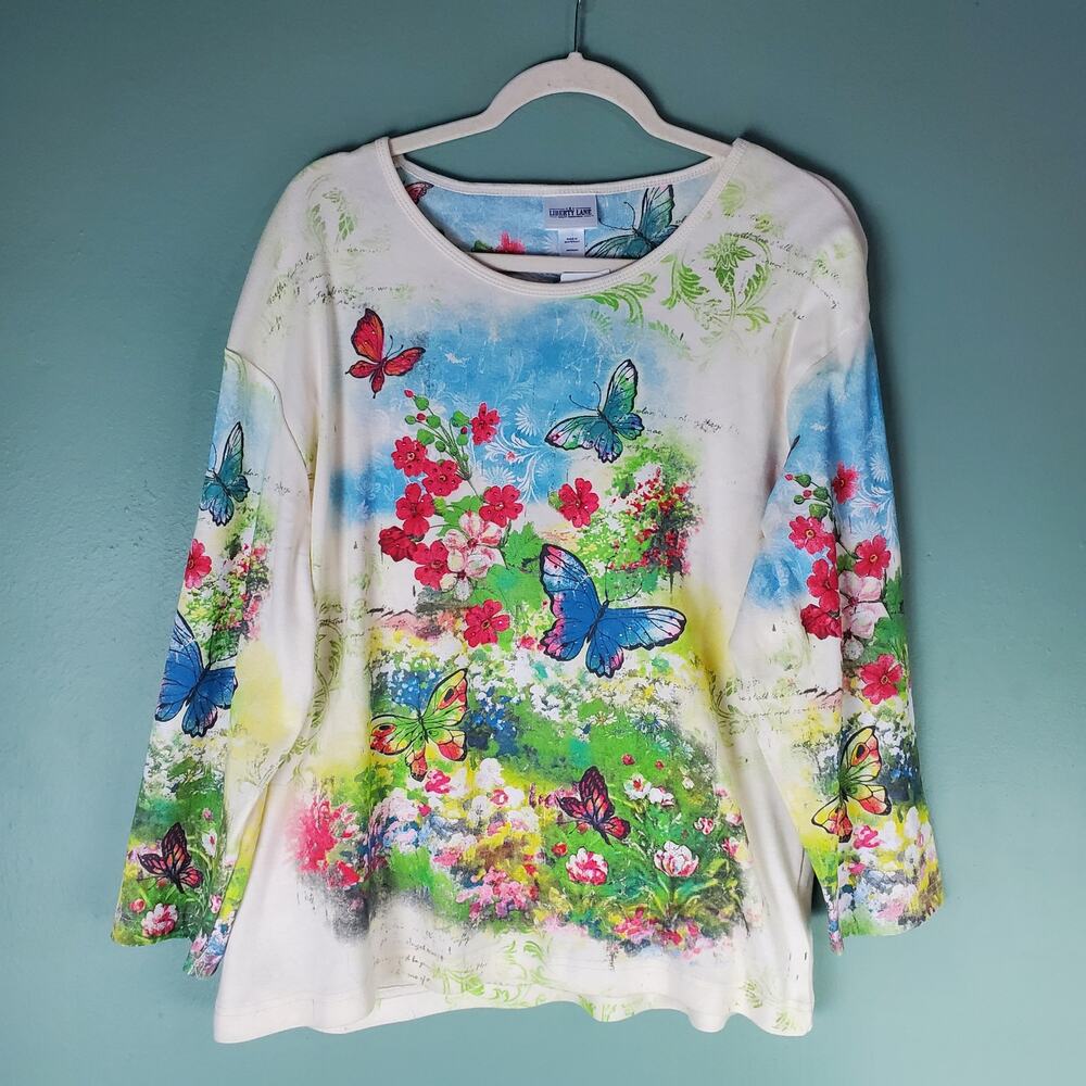 Liberty Lane Womens Parchment All Over Butterfly Bunch Scoop Neck Size 2X
